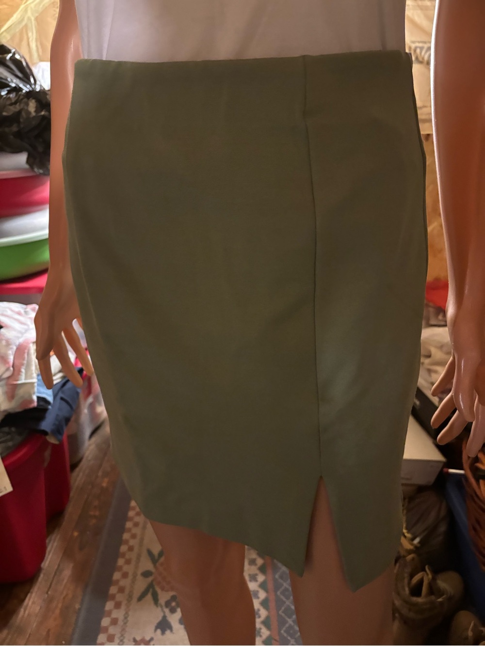 Women's Stradivarius Olive Green Sleek Pencil Skirt with Front Slit Size L